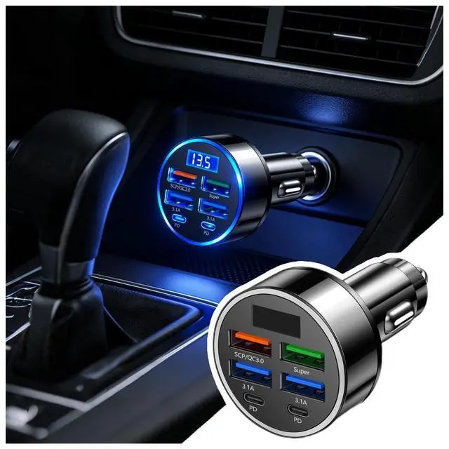 Main image of 6 Ports Car Cigarette Lighter Adapter,Upgraded Car Cigarette Lighter USB Charger with Super/PD/3.1A/QC3.0 as Vehicle Electronics,24V/12V Cars Charger Adapter with LED Voltage Display