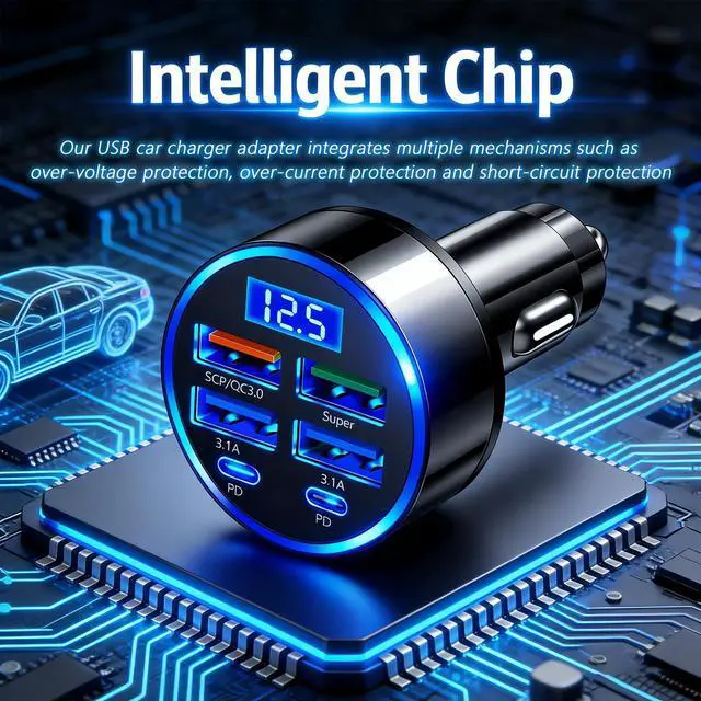 Alt view image 3 of 7 - 6 Ports Car Cigarette Lighter Adapter,Upgraded Car Cigarette Lighter USB Charger with Super/PD/3.1A/QC3.0 as Vehicle Electronics,24V/12V Cars Charger Adapter with LED Voltage Display