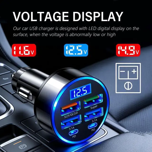 Alt view image 4 of 7 - 6 Ports Car Cigarette Lighter Adapter,Upgraded Car Cigarette Lighter USB Charger with Super/PD/3.1A/QC3.0 as Vehicle Electronics,24V/12V Cars Charger Adapter with LED Voltage Display