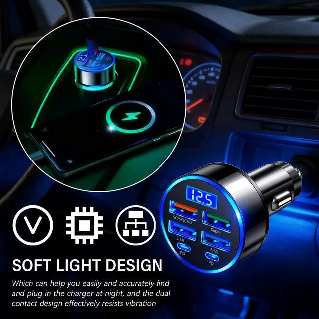 Alt view image 6 of 7 - 6 Ports Car Cigarette Lighter Adapter,Upgraded Car Cigarette Lighter USB Charger with Super/PD/3.1A/QC3.0 as Vehicle Electronics,24V/12V Cars Charger Adapter with LED Voltage Display