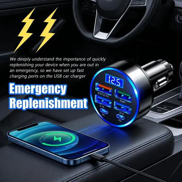 Alt view image 5 of 7 - 6 Ports Car Cigarette Lighter Adapter,Upgraded Car Cigarette Lighter USB Charger with Super/PD/3.1A/QC3.0 as Vehicle Electronics,24V/12V Cars Charger Adapter with LED Voltage Display