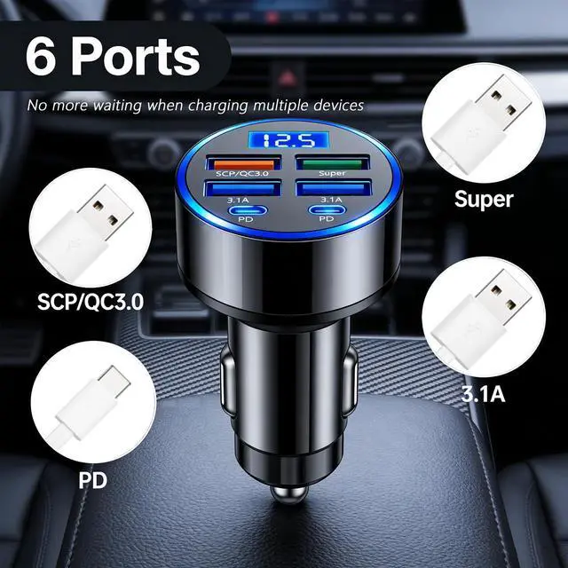 Alt view image 7 of 7 - 6 Ports Car Cigarette Lighter Adapter,Upgraded Car Cigarette Lighter USB Charger with Super/PD/3.1A/QC3.0 as Vehicle Electronics,24V/12V Cars Charger Adapter with LED Voltage Display