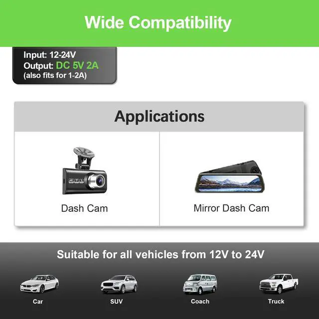 Alt view image 2 of 7 - Dash Camera Car Charger, Mini USB and Micro USB Interfaces, Driving Recorders Power Cord Universal Car Adapter Power Cord 3.5m/11.5ft 12V/24V to DC5V 2A(I Interface)
