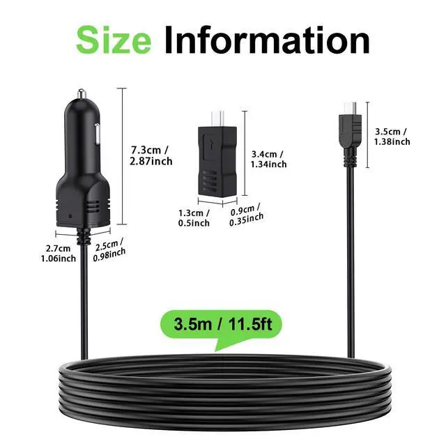 Alt view image 3 of 7 - Dash Camera Car Charger, Mini USB and Micro USB Interfaces, Driving Recorders Power Cord Universal Car Adapter Power Cord 3.5m/11.5ft 12V/24V to DC5V 2A(I Interface)