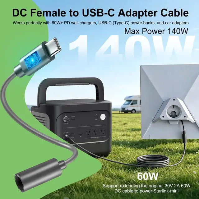 Alt view image 3 of 5 - Starlink Mini Car Adapter & USB Type C to DC Cable, 2-Piece Extension Cable Set, 100W Max for PD Power Bank & Charger, Protects Starlink Port from Wear, IP68 Waterproof for RV, Truck, Camping & Boat