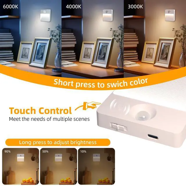 Alt view image 4 of 7 - Rechargeable Motion Sensor Night Light Indoor, 2 Pack - Dimmable LED Closet Lights with 3 Color Temperatures, Magnetic Stick-On Wireless Under Cabinet Lighting for Hallway, Stairs, Kitchen