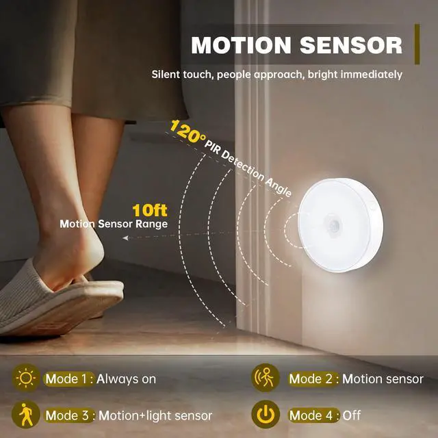 Alt view image 4 of 7 - 4 Pack Motion Sensor Puck Lights Indoor LED Closet Lights USB Rechargeable Battery Powered Night Light 9LEDs 6000k Dimmable Under Cabinet Light Stick-on for Pantry Bedroom Kitchen (Cool White)