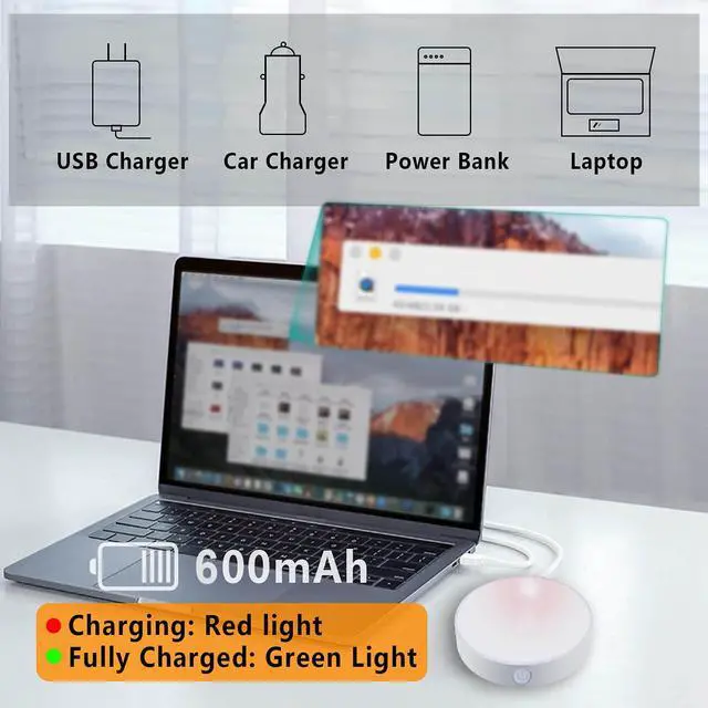 Alt view image 6 of 7 - 4 Pack Motion Sensor Puck Lights Indoor LED Closet Lights USB Rechargeable Battery Powered Night Light 9LEDs 6000k Dimmable Under Cabinet Light Stick-on for Pantry Bedroom Kitchen (Cool White)