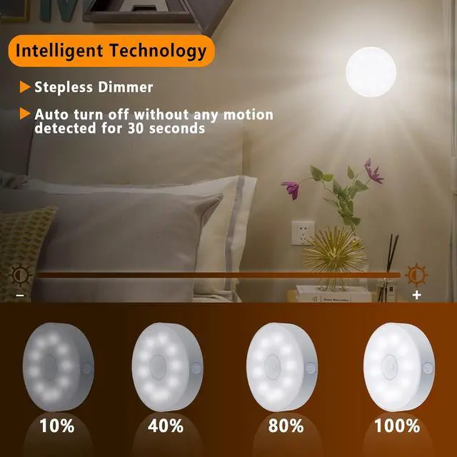 Alt view image 5 of 7 - 4 Pack Motion Sensor Puck Lights Indoor LED Closet Lights USB Rechargeable Battery Powered Night Light 9LEDs 6000k Dimmable Under Cabinet Light Stick-on for Pantry Bedroom Kitchen (Cool White)