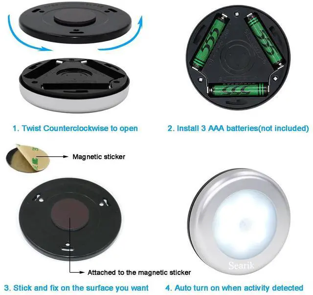 Alt view image 3 of 6 - 3 Pcs Motion Sensor Light Indoor, Searik Magnetic LED Night Light Battery Powered Step Lights Stair Closet Light Under Cabinet Lighting Stick On Anywhere Lamp for Home Kitchen Hallway Cabinet Bathroom