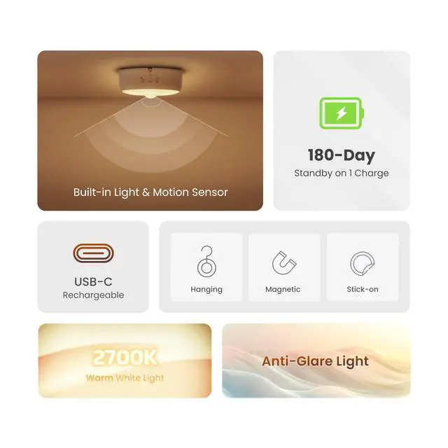 Alt view image 2 of 7 - Night Light, Motion Sensor NightLights for Kids, USB-C Rechargeable Magnetic with Auto Dusk to Dawn&Warm White, Nursery Night Light, LED Closet Light for Bedroom, Hallway, Stairs, Under Bed