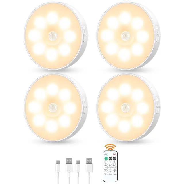 Main image of Motion Sensor Puck Light with Remote, Wireless Dimmable Under Cabinet Lighting, Rechargeable Magnetic Closet Night Light, 4-Pack, Warm White