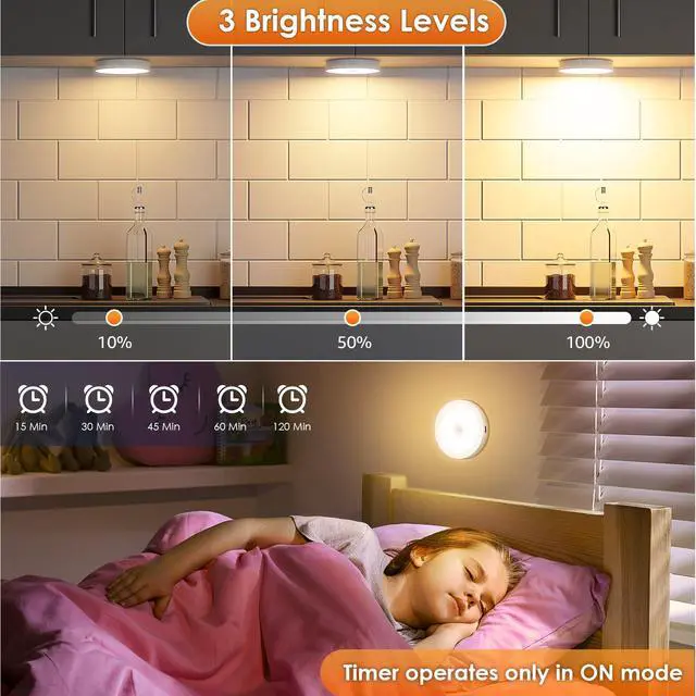 Alt view image 4 of 6 - Motion Sensor Puck Light with Remote, Wireless Dimmable Under Cabinet Lighting, Rechargeable Magnetic Closet Night Light, 4-Pack, Warm White