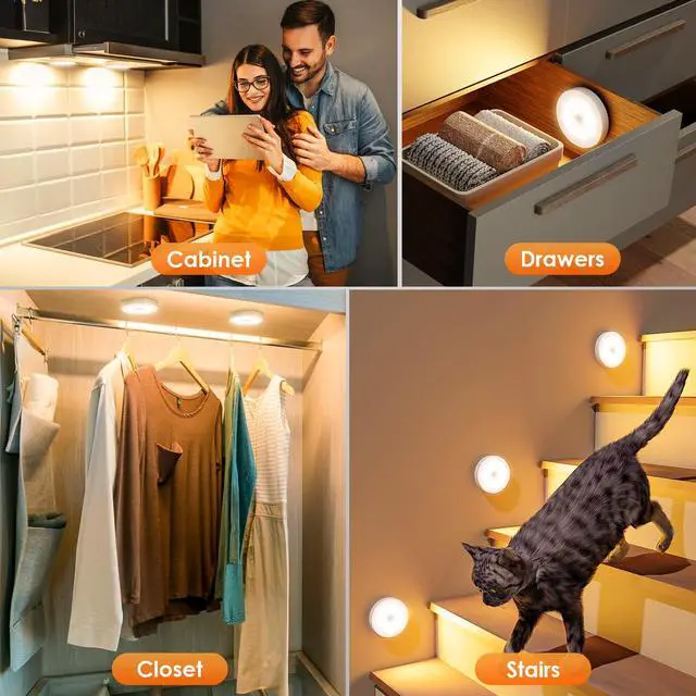 Alt view image 5 of 6 - Motion Sensor Puck Light with Remote, Wireless Dimmable Under Cabinet Lighting, Rechargeable Magnetic Closet Night Light, 4-Pack, Warm White
