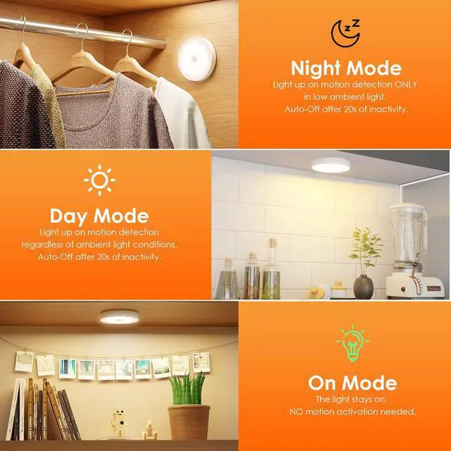 Alt view image 6 of 6 - Motion Sensor Puck Light with Remote, Wireless Dimmable Under Cabinet Lighting, Rechargeable Magnetic Closet Night Light, 4-Pack, Warm White