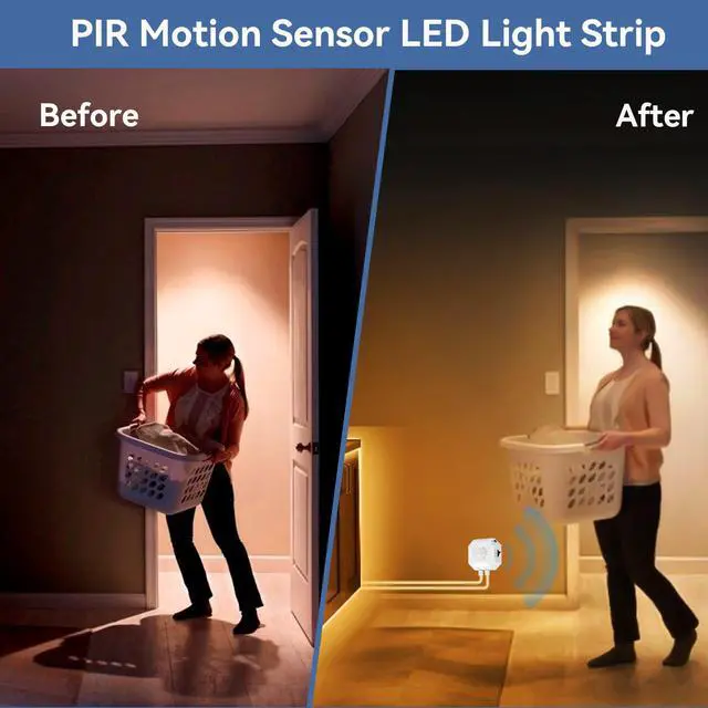 Alt view image 2 of 7 - Motion Sensor LED Light Strip for Stairs 16.4FT, Warm White USB Powered Motion Activated Under Bed Night Lighting, Dimmable Auto On/Off LED Strip Lights for Bedroom Hallway Closet Cabinet Kitchen Desk