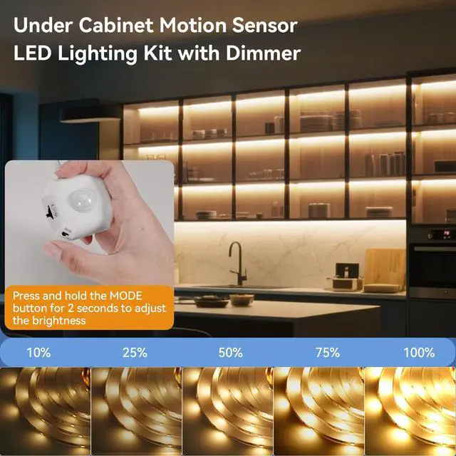 Alt view image 7 of 7 - Motion Sensor LED Light Strip for Stairs 16.4FT, Warm White USB Powered Motion Activated Under Bed Night Lighting, Dimmable Auto On/Off LED Strip Lights for Bedroom Hallway Closet Cabinet Kitchen Desk
