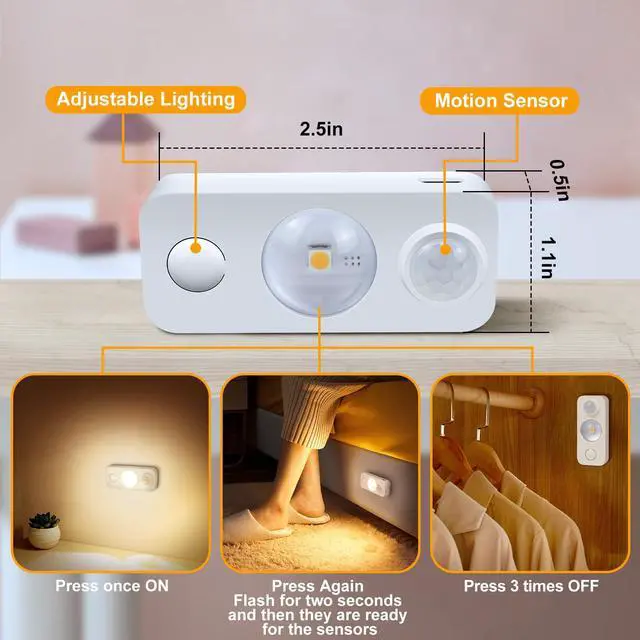 Alt view image 3 of 7 - LED Motion Sensor Puck Lights, Rechargeable Cabinet Lights, Stick on Wireless LED Night Light for Closet, Drawer, Shelf, Under Cabinet, Warm White 4Pack, USB Charging Cord Included
