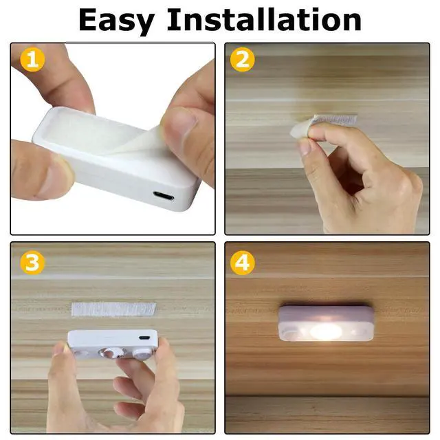 Alt view image 6 of 7 - LED Motion Sensor Puck Lights, Rechargeable Cabinet Lights, Stick on Wireless LED Night Light for Closet, Drawer, Shelf, Under Cabinet, Warm White 4Pack, USB Charging Cord Included