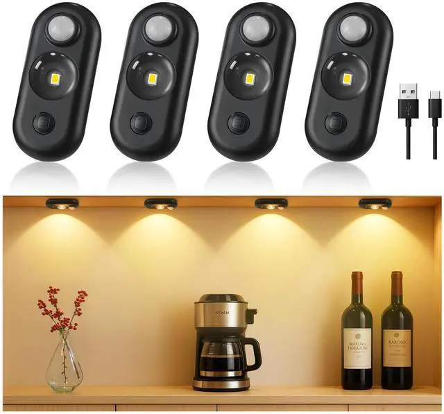 Main image of LED Motion Sensor Puck Lights, Small Rechargeable Under Cabinet Light, Dimmable Warm White Closet Lights, Wireless Under Cabinet Lighting for Drawer, Kitchen (4 Pack)