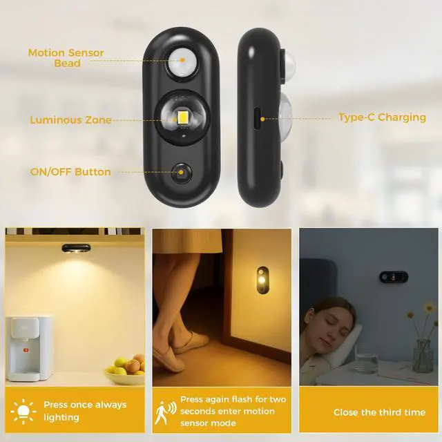 Alt view image 3 of 7 - LED Motion Sensor Puck Lights, Small Rechargeable Under Cabinet Light, Dimmable Warm White Closet Lights, Wireless Under Cabinet Lighting for Drawer, Kitchen (4 Pack)