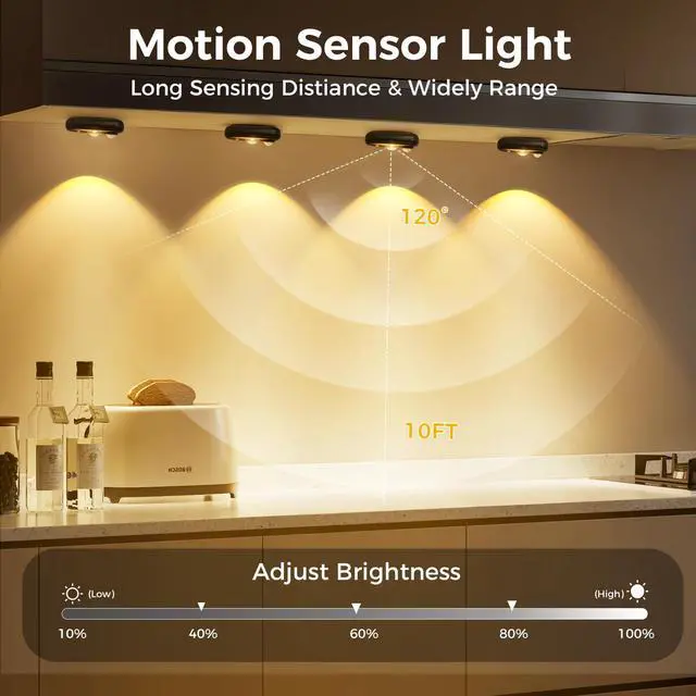 Alt view image 2 of 7 - LED Motion Sensor Puck Lights, Small Rechargeable Under Cabinet Light, Dimmable Warm White Closet Lights, Wireless Under Cabinet Lighting for Drawer, Kitchen (4 Pack)