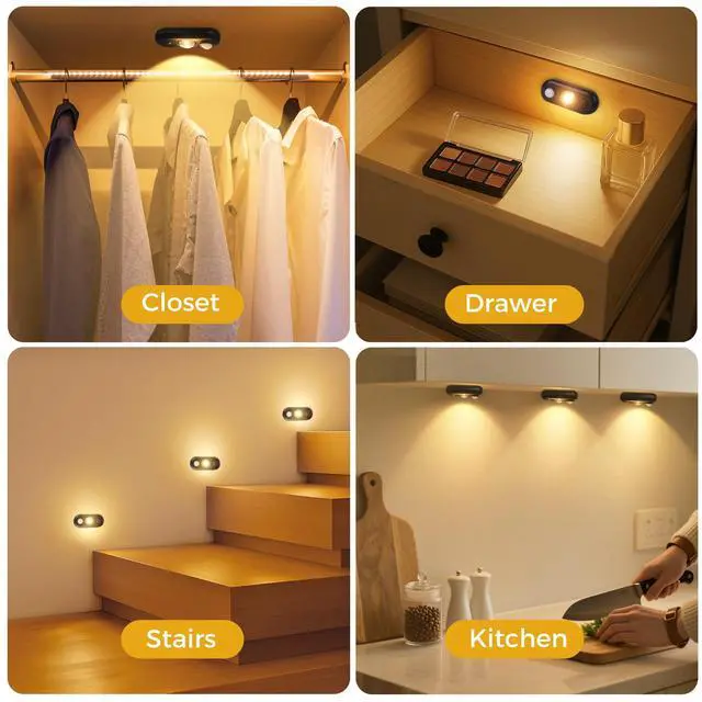 Alt view image 7 of 7 - LED Motion Sensor Puck Lights, Small Rechargeable Under Cabinet Light, Dimmable Warm White Closet Lights, Wireless Under Cabinet Lighting for Drawer, Kitchen (4 Pack)