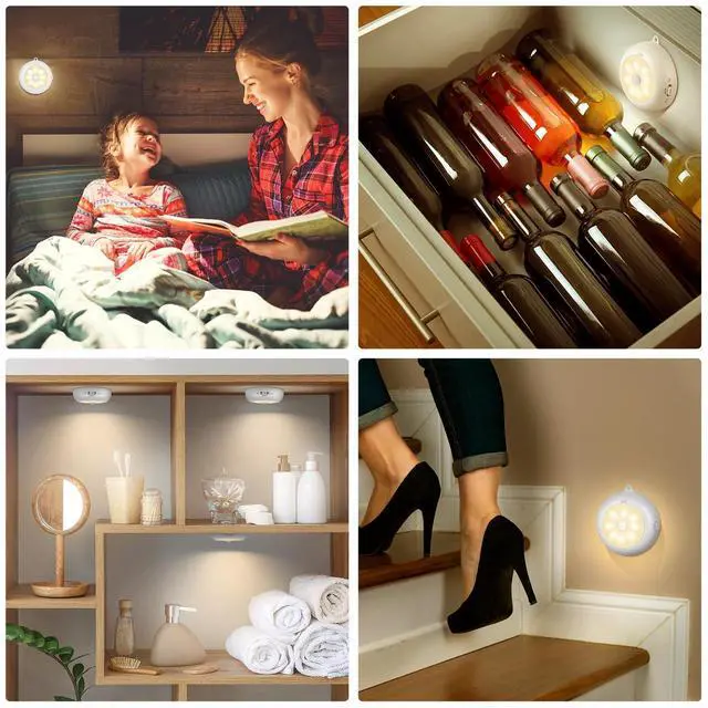 Alt view image 6 of 7 - Motion Sensor Light Indoor AA Battery Operated, Under Cabinet Lighting, Magnetic Stick on LED Puck Lights for Stair, Wall, Closet, Dimmable, 3000K Warm White (3 Pack)
