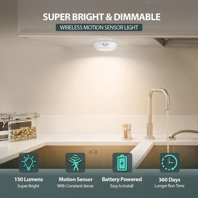 Alt view image 2 of 7 - 3.3 Motion Sensor Light Indoor AA Battery Powered, Under Cabinet Lighting Battery Operated, Magnetic Stick on LED Puck Nights Lights for Kitchen, Wall, Stair, Dimmable, 3000K Warm White (3 Pack)
