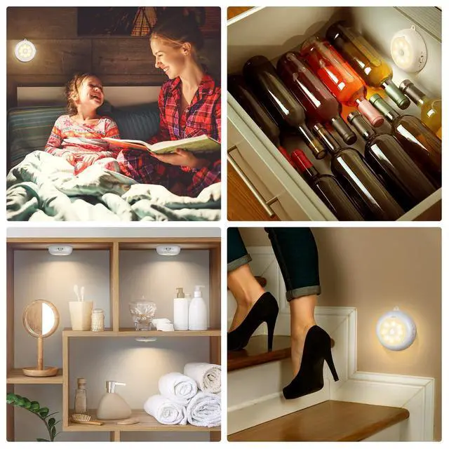 Alt view image 6 of 7 - 3.3 Motion Sensor Light Indoor AA Battery Powered, Under Cabinet Lighting Battery Operated, Magnetic Stick on LED Puck Nights Lights for Kitchen, Wall, Stair, Dimmable, 3000K Warm White (3 Pack)