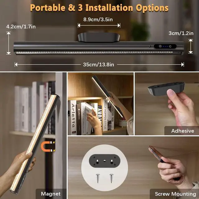 Alt view image 5 of 6 - Rechargeable Magnetic LED Light Bar with Remote, Under Cabinet Lighting Wireless, Battery Powered Operated Wall Strip Lights, Dimmable Desk Lamp for Mirror Closet Picture Kitchen Black