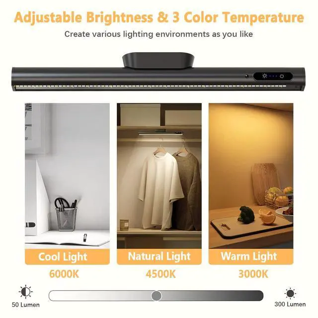 Alt view image 2 of 6 - Rechargeable Magnetic LED Light Bar with Remote, Under Cabinet Lighting Wireless, Battery Powered Operated Wall Strip Lights, Dimmable Desk Lamp for Mirror Closet Picture Kitchen Black