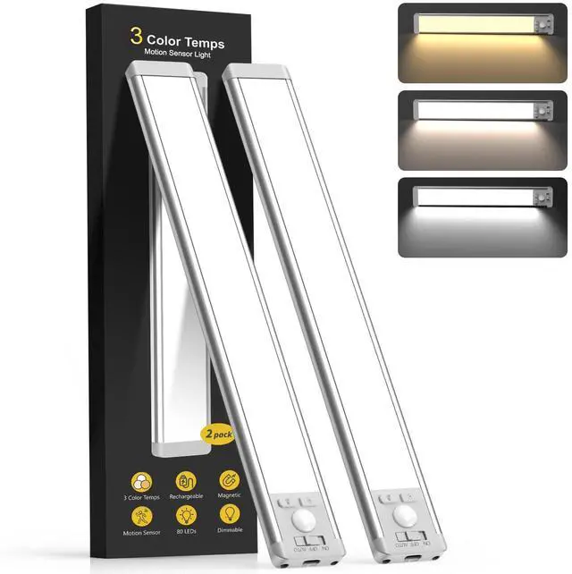 Main image of 10inch Under Cabinet Lighting with 3 Color Temps, 2 Pack Rechargeable Motion Sensor Light Indoor, 5 Levels Dimmable Magnetic Closet Lights, Wireless Under Counter Lights for Kitchen, Stairs