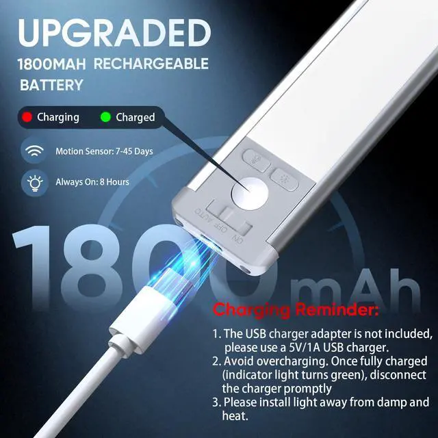 Alt view image 6 of 7 - 10inch Under Cabinet Lighting with 3 Color Temps, 2 Pack Rechargeable Motion Sensor Light Indoor, 5 Levels Dimmable Magnetic Closet Lights, Wireless Under Counter Lights for Kitchen, Stairs