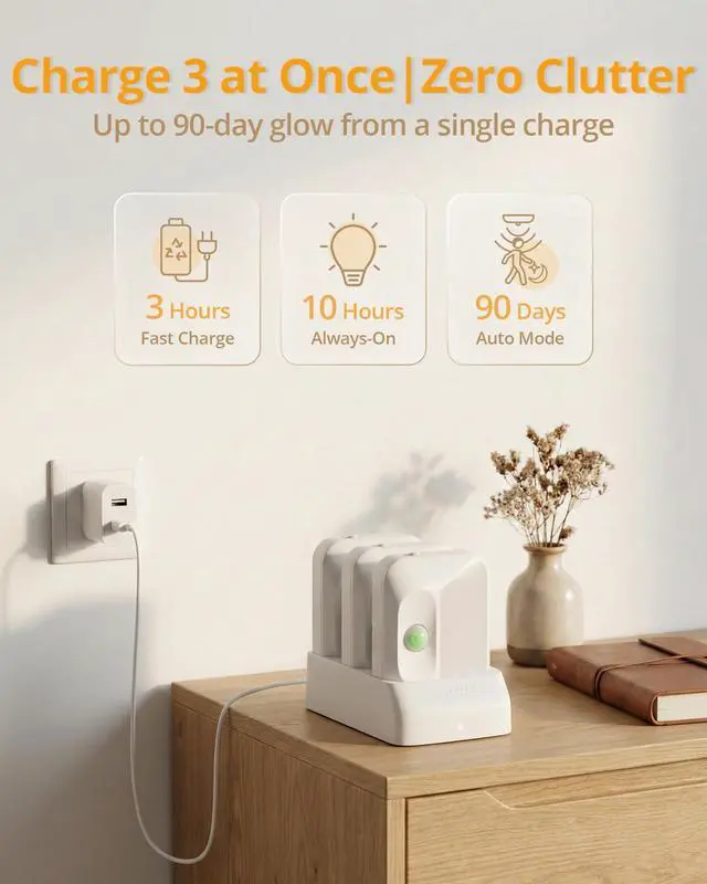 Alt view image 3 of 7 - Rechargeable Sync Motion Sensor Night Lights with 3-in-1 Charging Dock, Stepless Dimmable Indoor Step Light for Stairs, Hallway, Bathroom, Bedroom, Pets and Nursery, 3 Pack