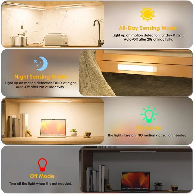 Alt view image 2 of 6 - Motion Sensor Under Cabinet Lights, Magnetic Rechargeable Under Counter Closet Light, Wireless Night Light Bar Stick-On, 5-Pack, 3000K Warm White