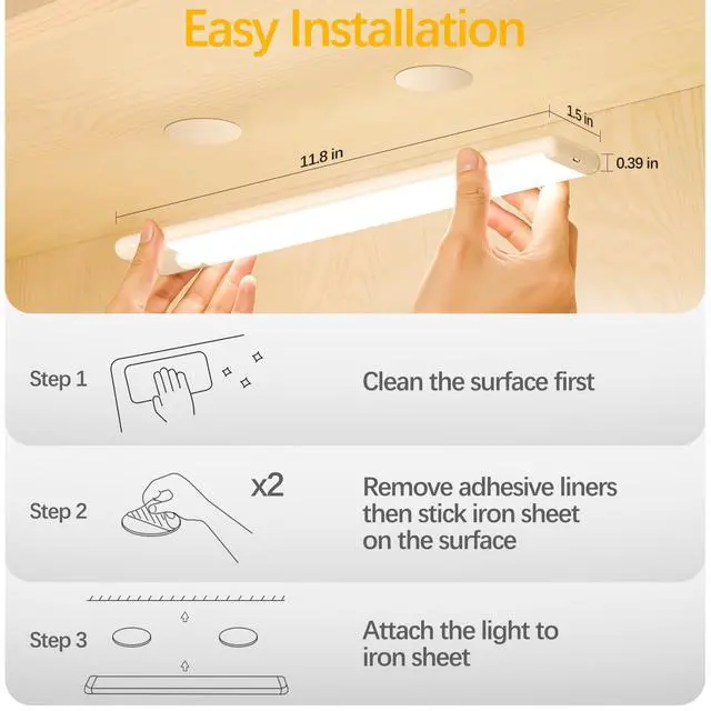 Alt view image 3 of 6 - Motion Sensor Under Cabinet Lights, Magnetic Rechargeable Under Counter Closet Light, Wireless Night Light Bar Stick-On, 5-Pack, 3000K Warm White