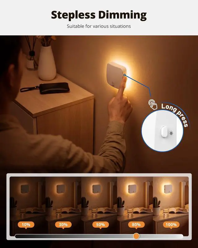 Alt view image 4 of 7 - Rechargeable Night Light, 2000K Amber Light LED Backlit Night Lights with Motion Sensor, Adjustable Brightness Magnetic Lights for Hallway, Cabinet, Bathroom, Bedroom(4 Pack)