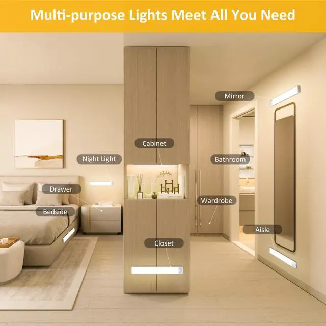 Alt view image 4 of 6 - Motion Sensor Under Cabinet Lights, Magnetic Rechargeable Under Counter Closet Light, Wireless Night Light Bar Stick-On, 5-Pack, 3000K Warm White