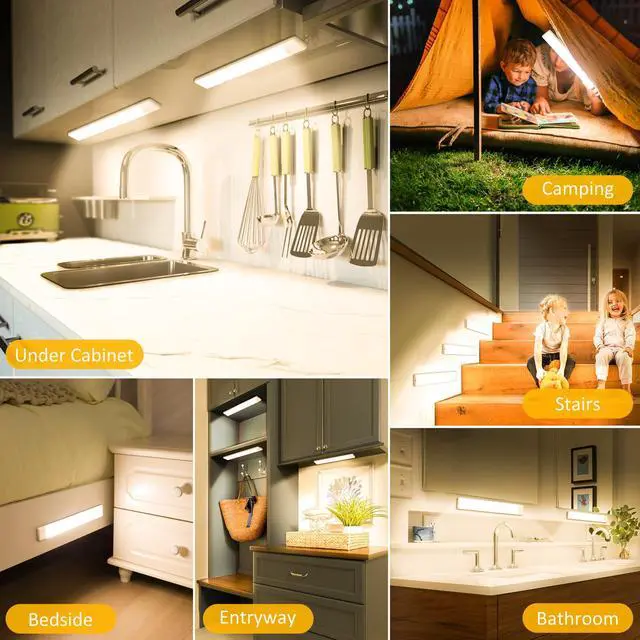 Alt view image 5 of 6 - Motion Sensor Under Cabinet Lights, Magnetic Rechargeable Under Counter Closet Light, Wireless Night Light Bar Stick-On, 5-Pack, 3000K Warm White