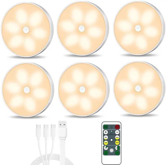 Main image of Warm Color LED Closet Lights Motion Sensor Puck Light, USB Rechargeable Battery Operated Puck Step Lights, Dimmable Under Cabinet Lighting for Counter Wardrobe Kitchen (6 Pack)