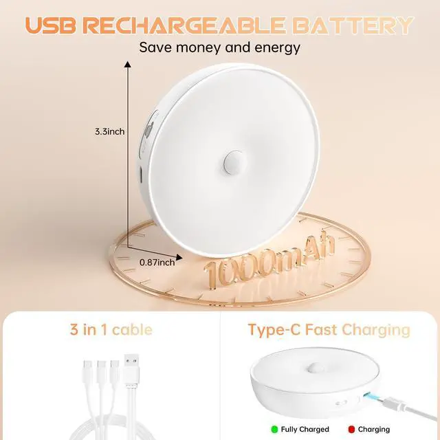 Alt view image 3 of 7 - Warm Color LED Closet Lights Motion Sensor Puck Light, USB Rechargeable Battery Operated Puck Step Lights, Dimmable Under Cabinet Lighting for Counter Wardrobe Kitchen (6 Pack)