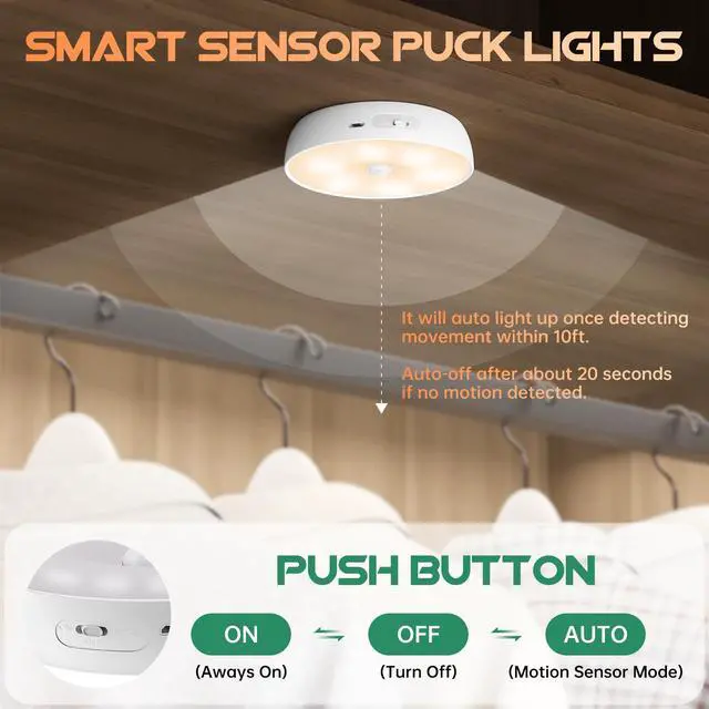 Alt view image 6 of 7 - Warm Color LED Closet Lights Motion Sensor Puck Light, USB Rechargeable Battery Operated Puck Step Lights, Dimmable Under Cabinet Lighting for Counter Wardrobe Kitchen (6 Pack)