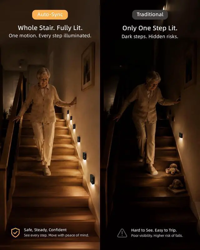 Alt view image 3 of 7 - 6 Pack Motion Sensor Night Lights, Sync LED Stair Lights Indoor, 1500mAh Rechargeable, Magnetic & Dimmable, 3000K Soft White, Portable Nightlight for Hallway, Stairs, Bathroom, Bedroom (Black)
