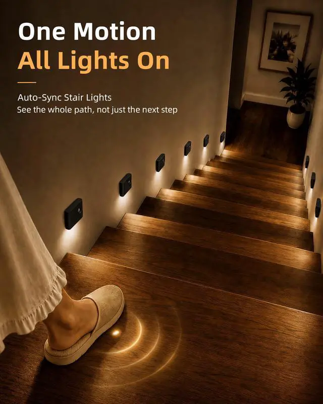 Alt view image 2 of 7 - 6 Pack Motion Sensor Night Lights, Sync LED Stair Lights Indoor, 1500mAh Rechargeable, Magnetic & Dimmable, 3000K Soft White, Portable Nightlight for Hallway, Stairs, Bathroom, Bedroom (Black)