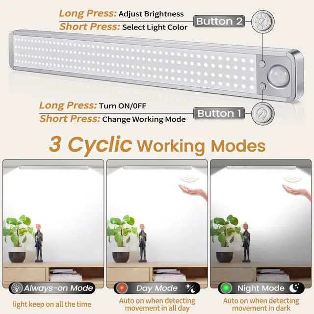 Alt view image 2 of 7 - Under Cabinet Lights Rechargeable Under Counter Lights for Kitchen, 188 LED Closet Light Motion Sensor Light Indoor, Dimmable Magnetic Under Cabinet Lighting, 2-Pack