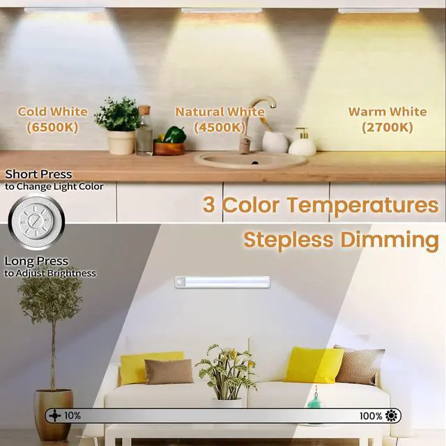Alt view image 4 of 7 - Under Cabinet Lights Rechargeable Under Counter Lights for Kitchen, 188 LED Closet Light Motion Sensor Light Indoor, Dimmable Magnetic Under Cabinet Lighting, 2-Pack