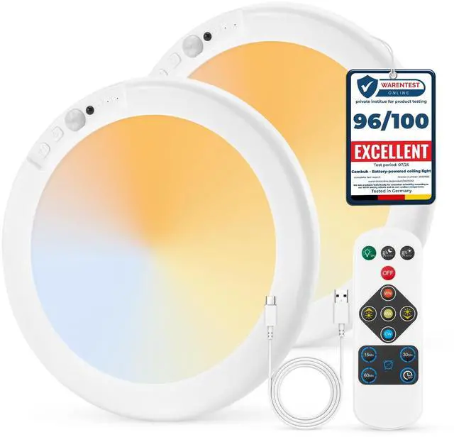 Main image of Rechargeable Motion Sensor Ceiling Light with Remote Wireless, 60 Days Battery Powered Shower Lamp Magnetic Dimming Timing Stick on Cordless Lighting for Closet Pantry without Electricity 2Pack