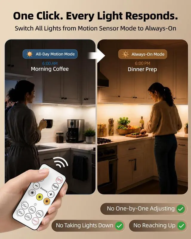 Alt view image 5 of 7 - 5-Pack 10inch Under Cabinet Lighting, 2400mAh Rechargeable Motion Sensor Light, Magnetic Closet Lights with Dimmable & 3 Color Temps, Wireless Motion Activated Lights with Remote for Kitchen