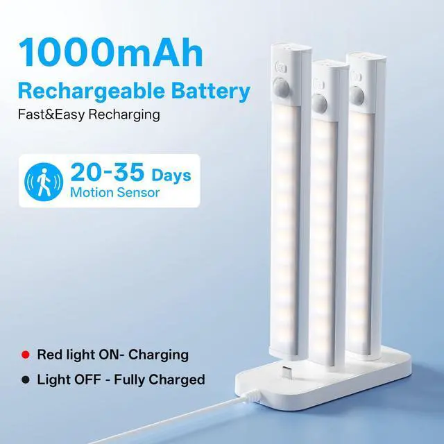 Alt view image 2 of 7 - Under Cabinet Lighting with Charging Station,Rechargeable Motion Sensor Light Indoor,LED Closet Lights,3 Colors Dimmable,Magnetic for Kitchen,Wardrobe,Bedroom,Drawer 6Pack